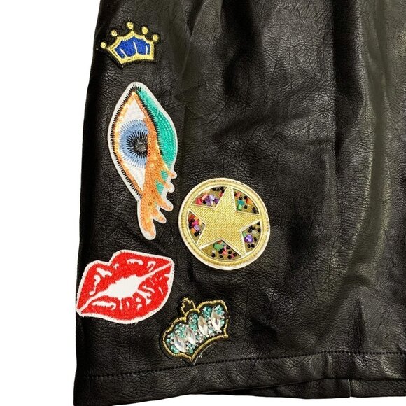 Sunset + Spring Vegan Leather Embellished Patch Detail Black Mini Skirt Size S - Picture 3 of 11
